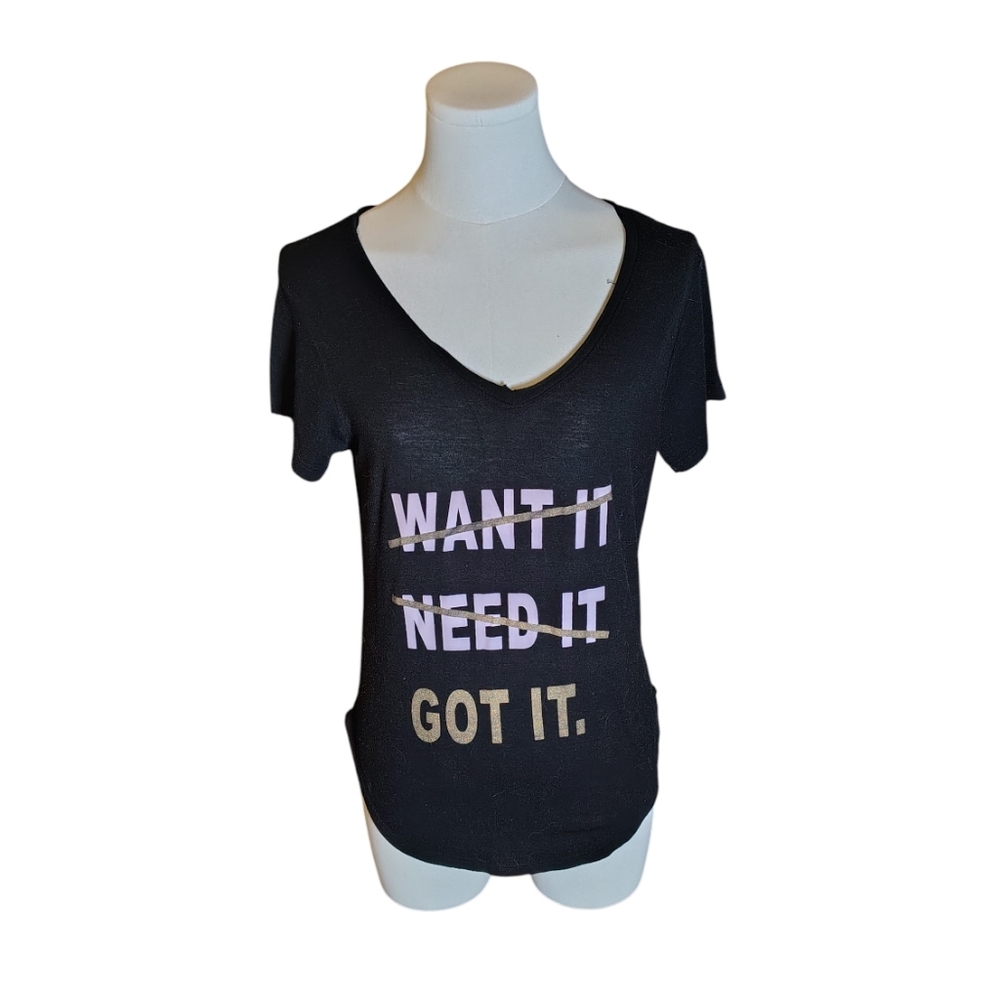 Poof! Black and Pink Want It Need It Got It Short Sleeve Tee Size Small